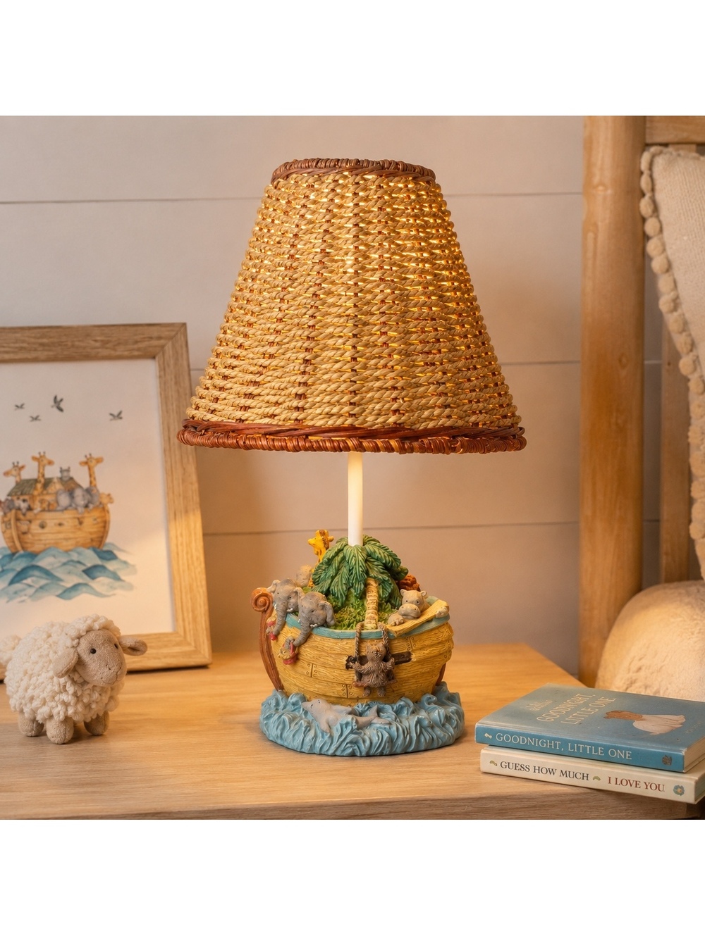 Vintage Noah’s Ark Animal Table Lamp With Woven Shade 14 Inch Nursery Decor